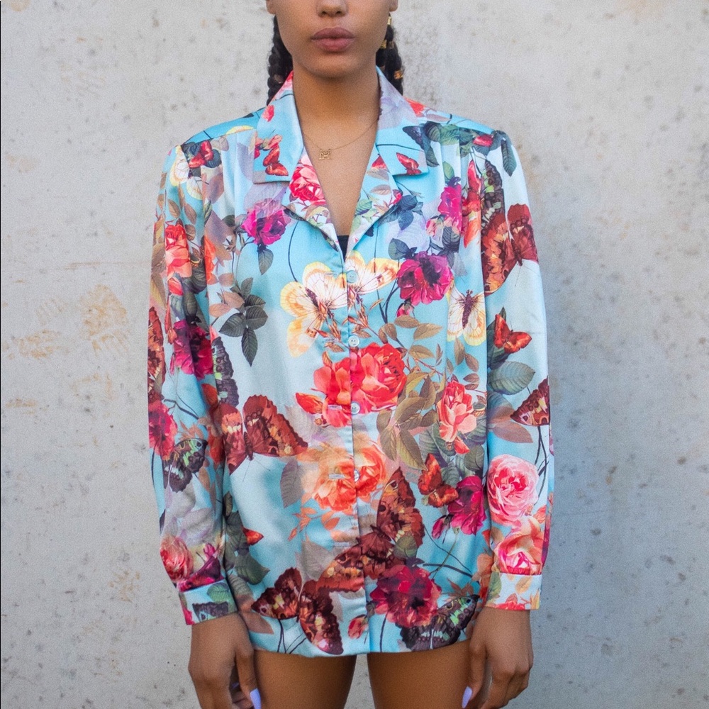 90’s Butterfly Rose Print Satin Blouse